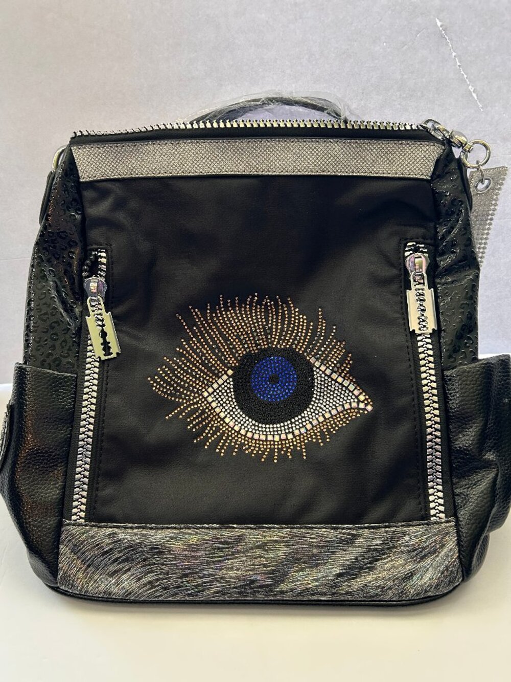 Kashilan Evil Eye Rhinestone Convertible Backpack Black Silver Shoulder Bag